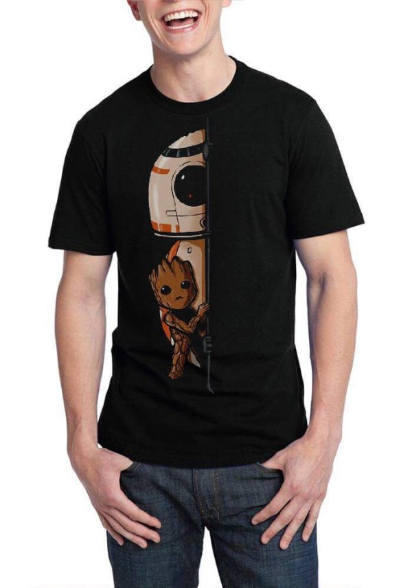 R2D2 And Baby Groot Black T-Shirt