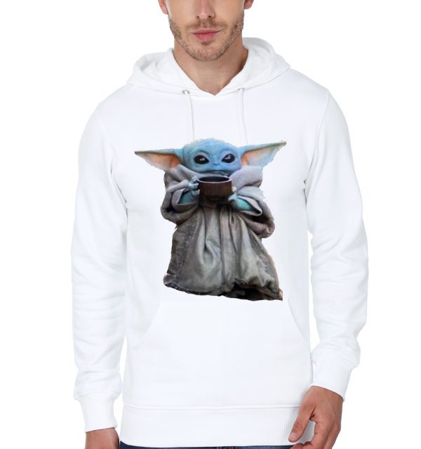 Baby Yoda Sipping Tea White Hoodie