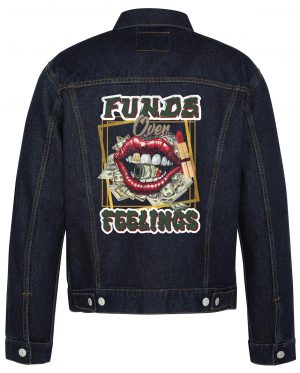 Funds Over Feelings Biker Denim Jacket