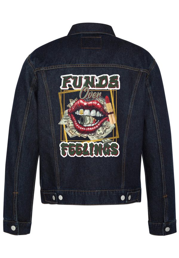 Funds Over Feelings Biker Denim Jacket